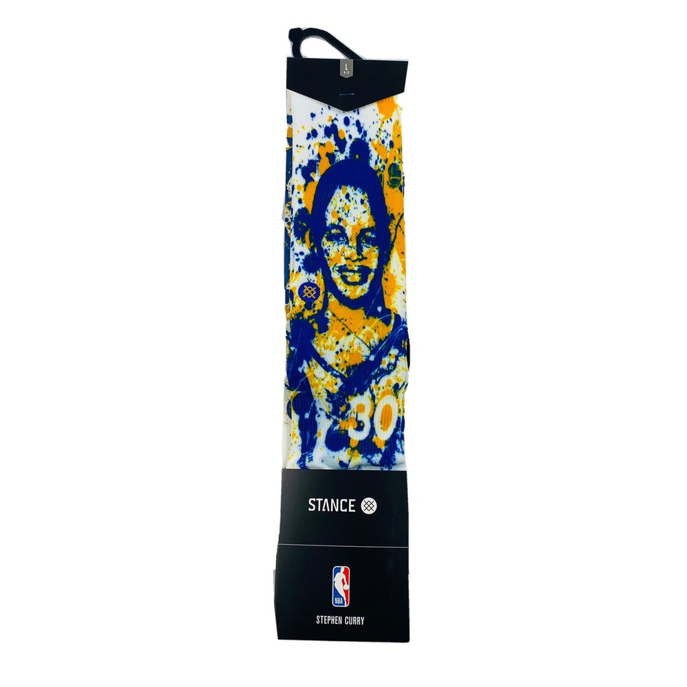 Golden State Warriors Lot of 2 Stephen Curry Stance Player Splatter Crew Socks L